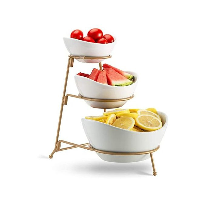 3 Tier Serving Bowls, DishesWith Gold Stand, Appetizers Party Server Set, White.