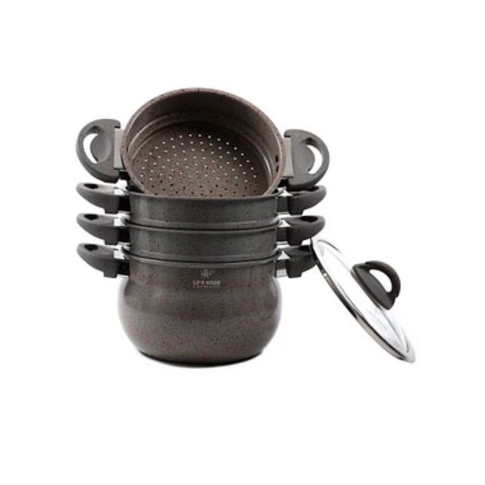 4 Layer Granite Coated Stockpot Couscoussier Steamer Saucepans - Brown. Life Smile