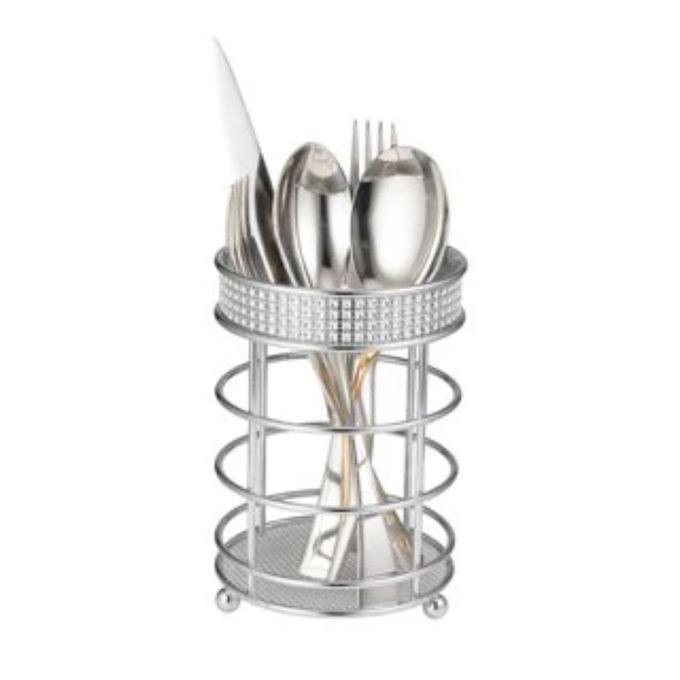 Kitchen Sense Chrome Modern Countertop Round Utensil Holder Cutlery Storage Container Drain Chopstick Holder Utensils Drying Rack Holder Wooden Utensils for Cooking Tableware Storage Container Dining Iron Fork Spoon Organizer- Silver