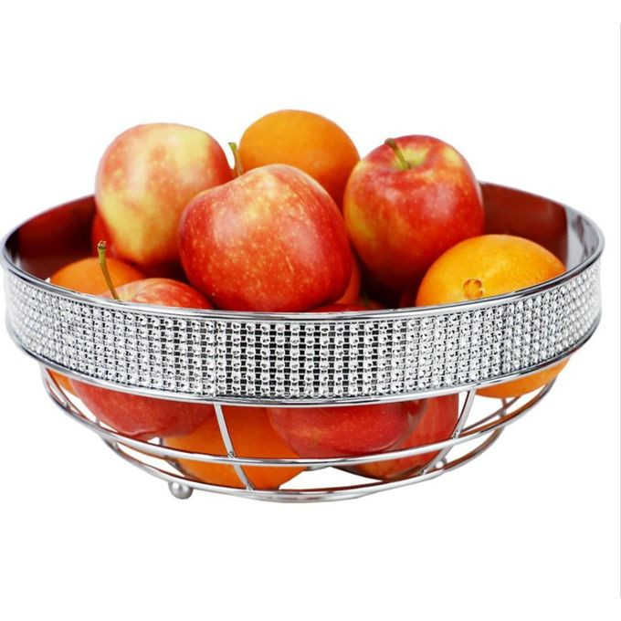 Home Basics Pave Large Capacity Decorative Non-Skid Steel Fruit Bowl Chrome- Silver