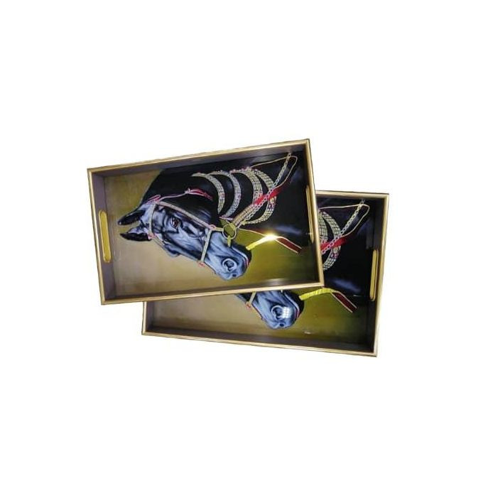 2 Piece Multi- Design Horse Head And Flowered Rectangular Serving Trays Decorative Platters Gift Set- Multicolor