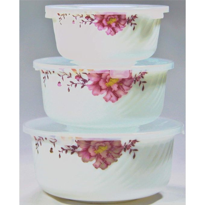 3 Piece Floral Serving Bowl Mixiing Bowl Set (1500ml, 1000ml, 500ml), Microwave Safe, Heat and Break Resistant with Plastic Lids- Multicolor Opal
