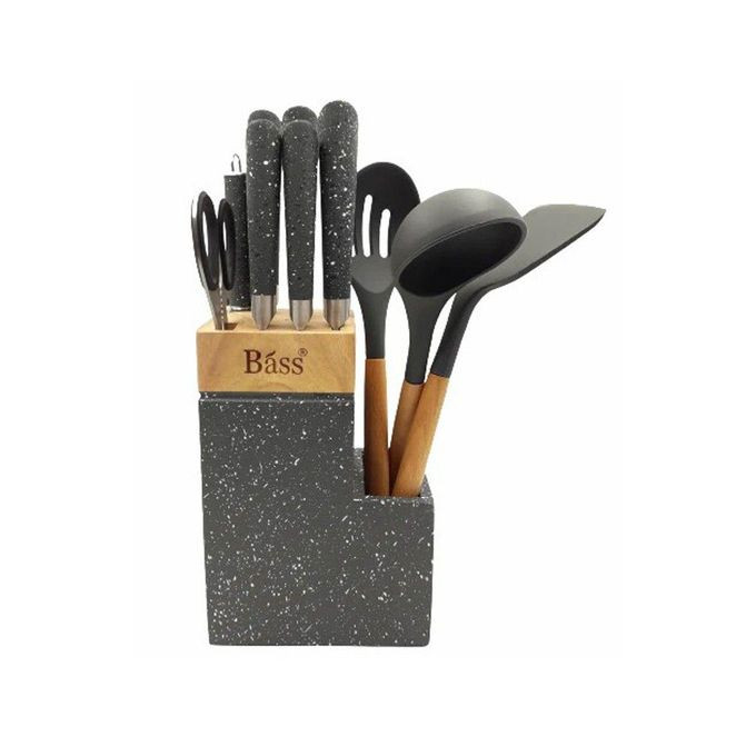 11 Piece Stainless Steel Modern Knife Set On Bamboo Block Stand And Non-Stick Spoons Utensil Set With cleaver Scissors Bread Knife Steak Knife Sharpener- Multicolor Bass