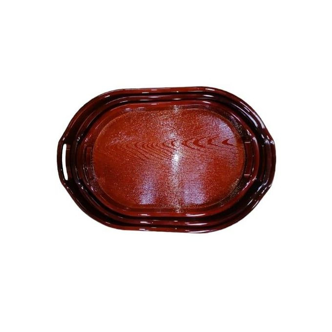 Pack of 3 Oval Plastic Trays, Kitchen Decorative Platters, Tea Serving Plate, Wooden Pattern Food Tray With Handles for Kitchen, Dining Room, Cafe- Brown
