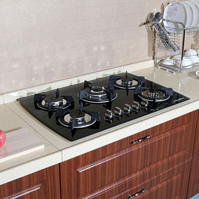 30'' Black Gas Stove Tempered Glass Panel Built-in Gas Cooktop 5 Burners Countertop LPG/NG Gas Hob Five Fuel Oven Gas Cooktops Stove Gas Cooker for Griddle, Pan- Black Digiwave