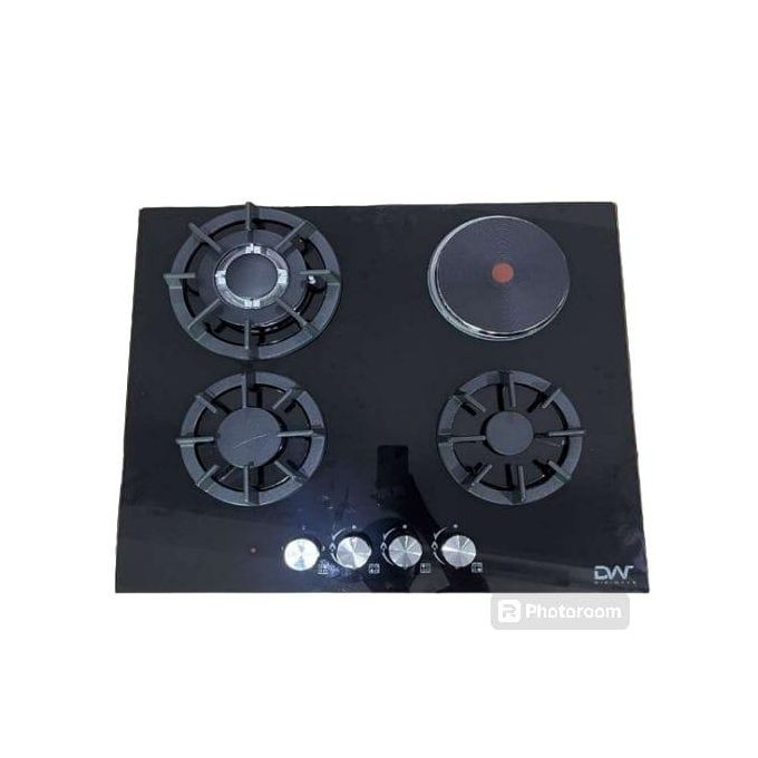 3 Gas Burner Cooker+1 Electric Hot Plate Auto Ignition Built In Table Glass Body Top Cooktop Hob Stove Gas Hob Panel Metal Knob Cast Iron Pan- Black Digiwave