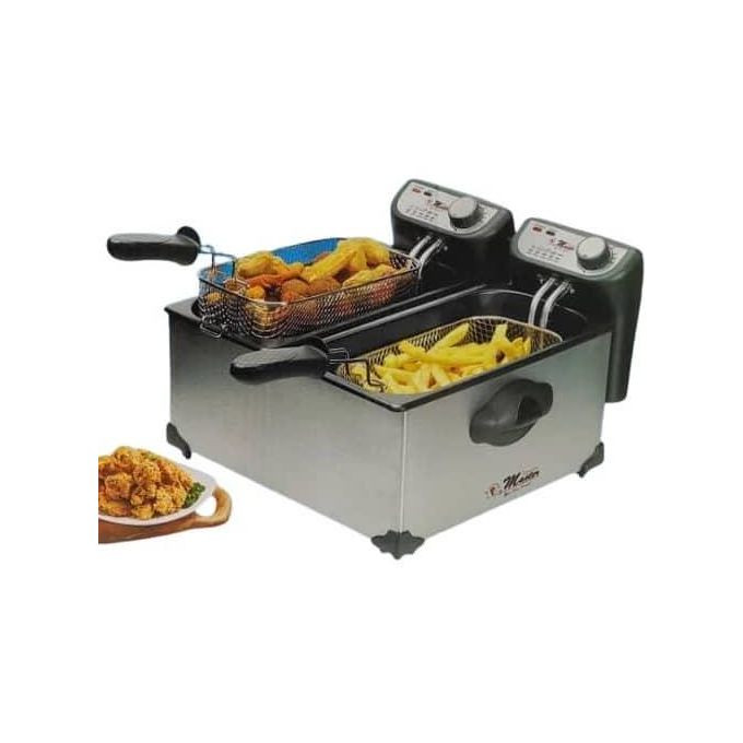 Deep Fryer 2 x 3 Litre Stainless Steel Double Fryer with Oil 2000 Watt Removable Oil Container Adjustable Temperature -Silver Electro Master