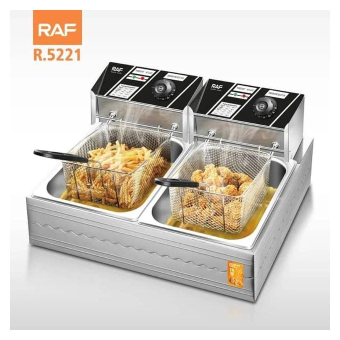 11 Litre Automatic Commercial 5.5L+5.5L Double 2 Basket Stainless Steel Electric Deep Fryer Countertop Frying Pan For Chicken Chips French Fries Home Kitchen Restaurant Food Cooker- Silver RAF