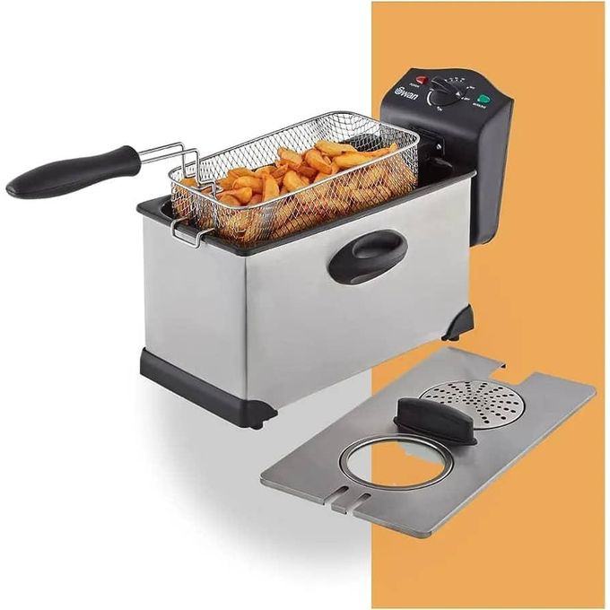 3 Litre Stainless Steel Deep Fat Fryer with Viewing Window and Safety Cut Out, Non-Slip, Easy Clean and Adjustable Temperature Control, 2000W, Silver Swan