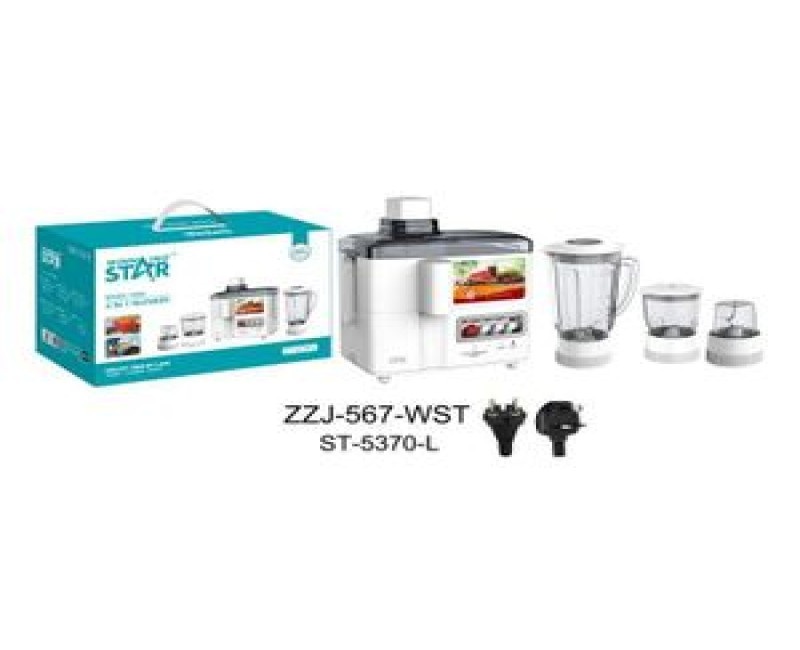 4 IN 1 Electric Multi-Functional 3-Speed Juicer Blender Extractor Fruit Stainless Steel PS Cup 4 Blade Meat Grinding Cup+ 2-Blade Grinding Cup Food Processor- White. Winningstar