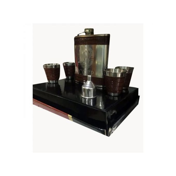 Portable Alcohol Whiskey Wine Hip Flask ,4 Wine Cups And Funnel - Sliver