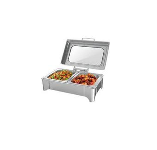 9L Double Compartment Rectangular Buffet Server and Warming Tray Catering Chafer Food Warmer Adjustable Alcohol Heating Chafing Dish Buffet Set With Visible Lid for Weddings, Birthday Parties, Buffets- Silver