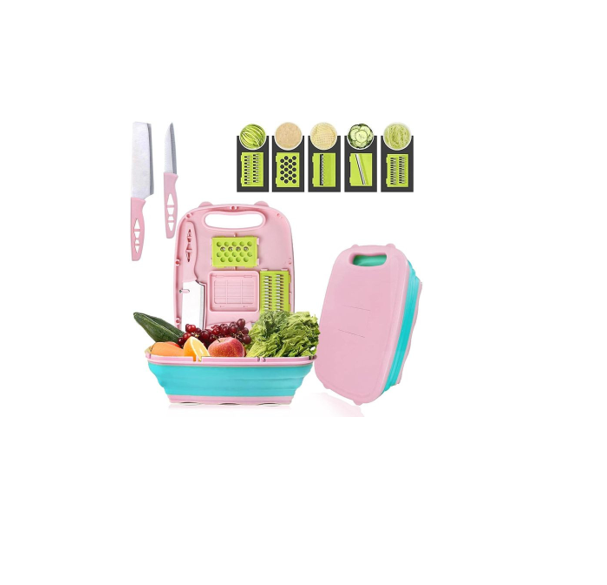 Camping Cutting Board, 9-In-1 Multi Collapsible Cutting Board with Colander, Kitchen Vegetable Washing Basket,Cutting Boards For Kitchen Drainer Fruit Slicer Grater For Campers, Picnic, BBQ- Multicolor