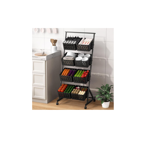 4-Tier Kitchen Fruit Vegetable Snack Cart with Wheels ,Stackable Mesh Storage Basket,Pantry Organizer Rack with Detachable Basket (Black)