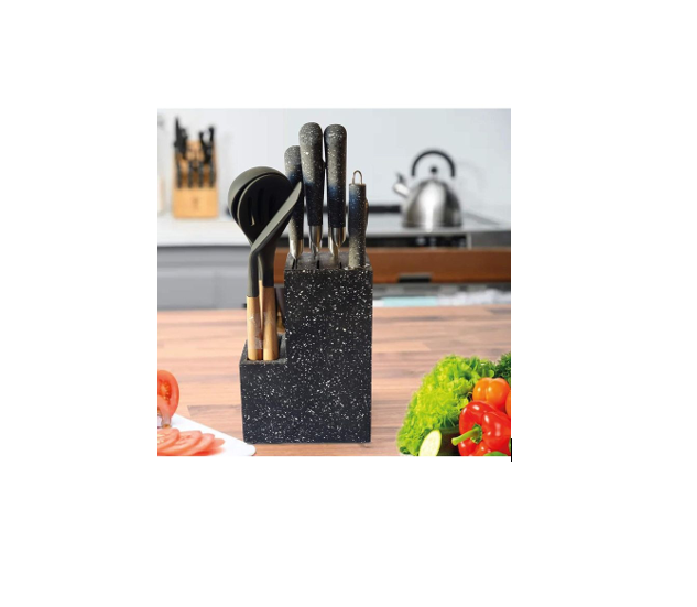 11 Piece Stainless Steel Modern Knife Set On Block Stand And Utensil Set With with cleaver Scissors Bread Knife Steak Knife Sharpener- Multicolor Bass