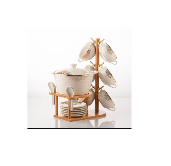 Ceramic Soup Tureen Bowl Gift Set with 6 Cups with Handles 6 Saucers 6 Spoons On Bamboo Stand & Lid, Hotpot Style Home Decor Kitchen Utensils Set for Serving- White