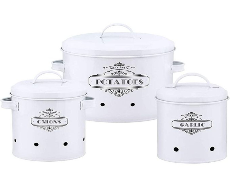 Set of 3 Potato Onion Kitchen Storage Canisters Jars Pots Containers 3 Pack Set Garlic Bin Caddy With Aerating Tin Storage Holes Metal Lid- White Roland