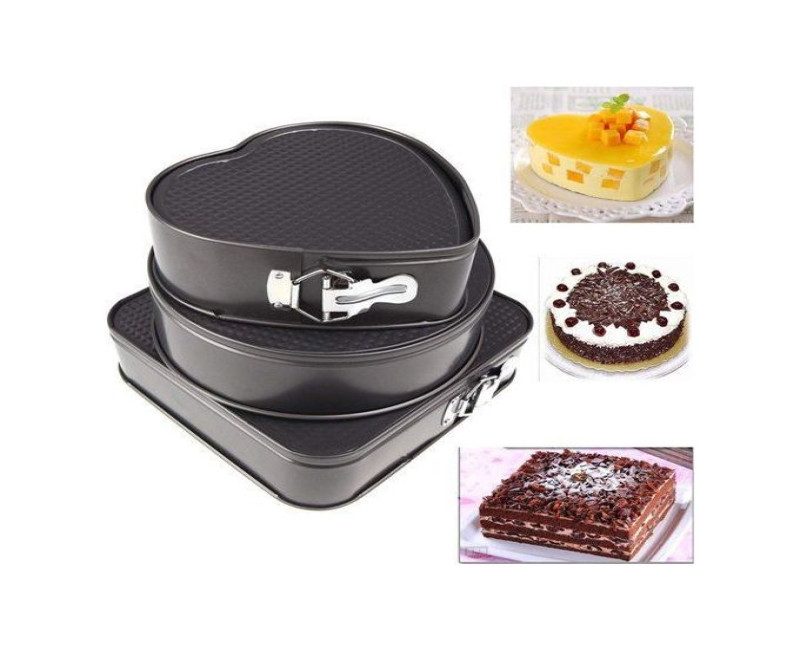 3 Pieces Of Cake mould Pans(Heart, Round, Square Shape)-Black.