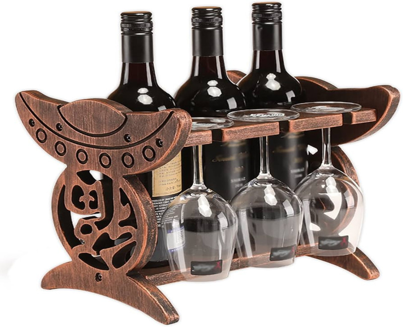 Tabletop Wooden Wine Rack Stand With Stemware Holder For 3 Bottles & 6 Glasses, Dining Room Decorating Shelf Storage Bar Organizer