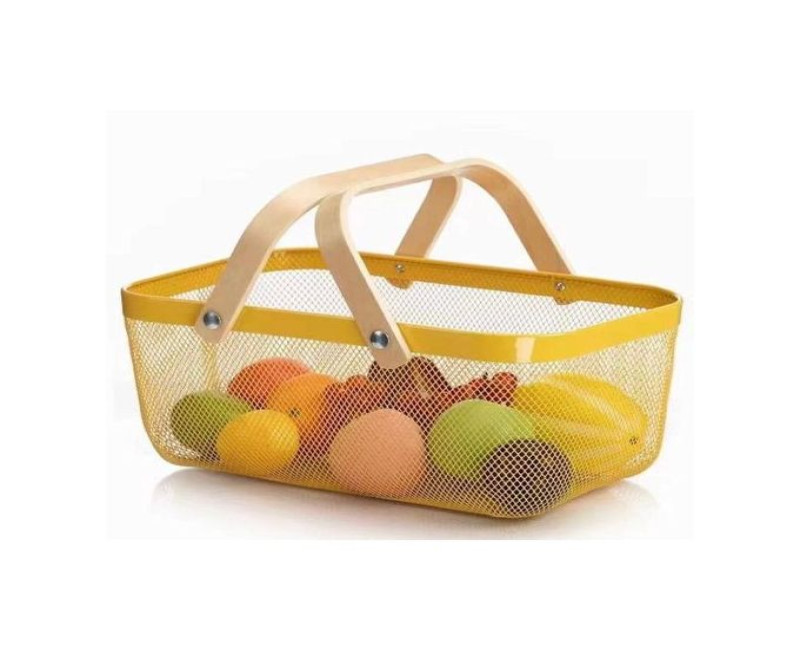 Rectangle Metal Mesh Fruit Basket Shopping Wooden Handle Storage Bin- Multi-colour.