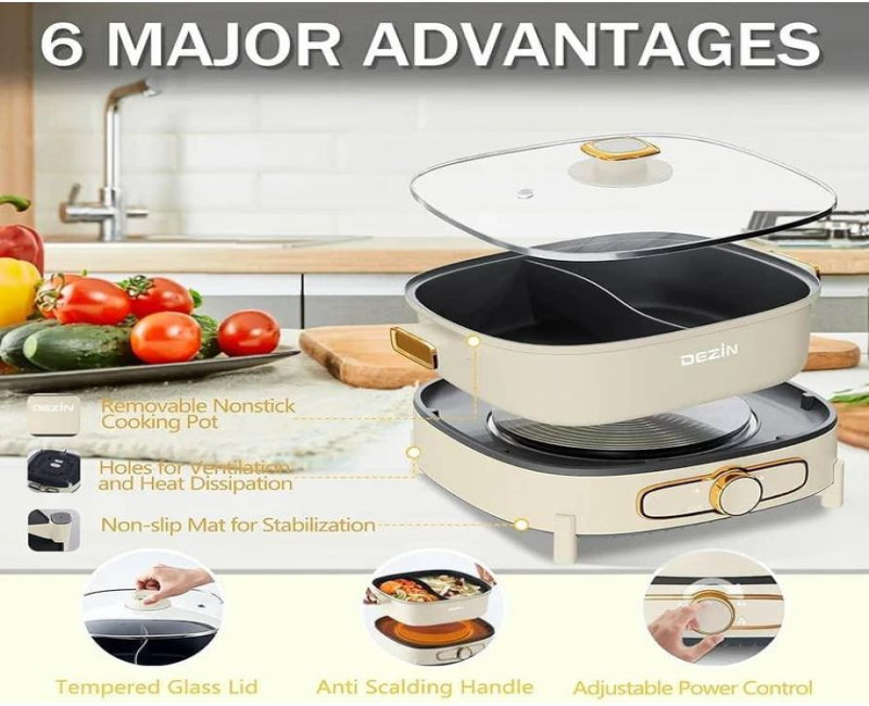 Hot Pot Electric with Divider, 5L Double-Flavor Electric Shabu Shabu Pot, Removable Non-Stick Dual Sided Electric Cooker, 3" Depth Divided Pot with Multi-Power Contro Boma