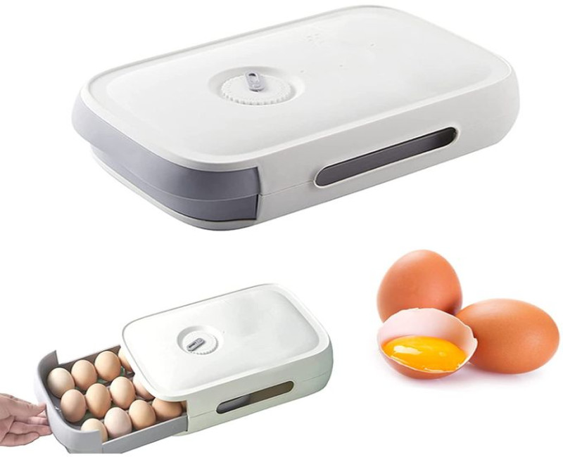 1Pc 20 EggTray Storage Box Auto Scrolling Drawer Holder Stackable Container With Fresh-Keeping Mark For Kitchen Can- Multi-colour