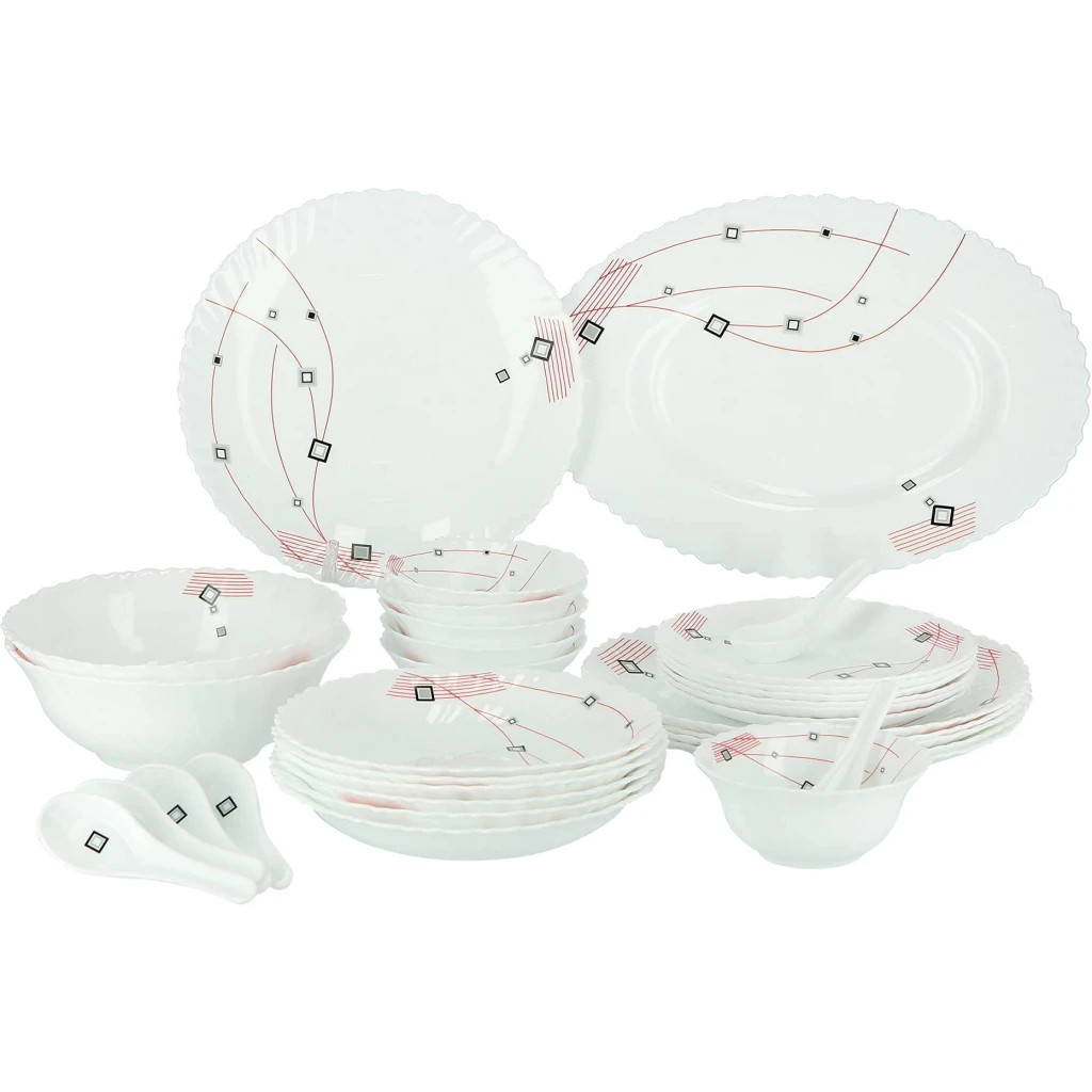 Royalford 33Pcs Opal Ware Dinner Set - Floral Design Plates, Bowls, Spoons - White