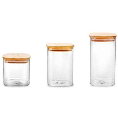 3 Pieces Borosilicate Glass Storage Jar With Bamboo Lids For Spices Sugar Cereals Storage-Transparent