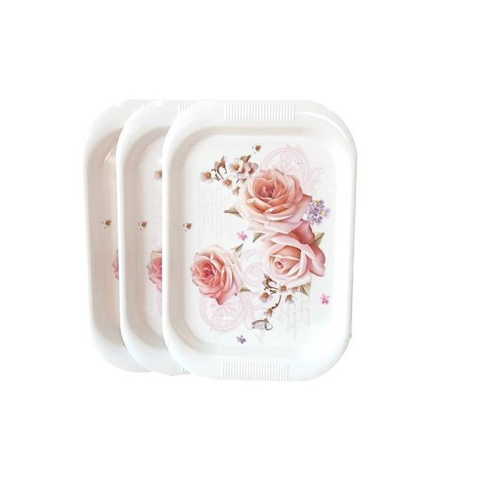 3 Pieces Set Of Melamine Trays-Flower May Vary - White