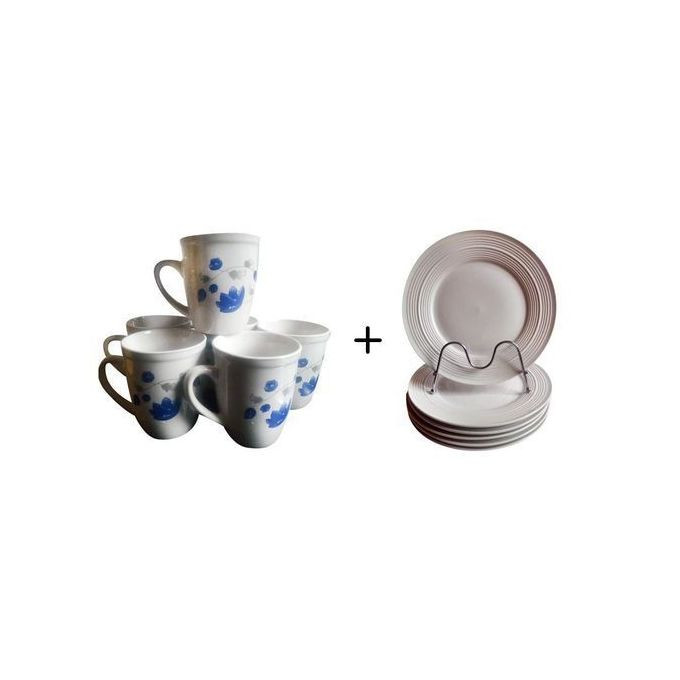 12Pcs, Ceramic 6 Plates With 6 Ceramic Cups/Flower Varies-White
