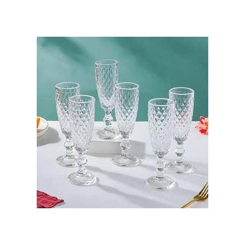 Transparent Set of 6 Crystal Stemmed Stylish and Unique Flute Wine or Champagne Glasses Perfect for Restaurants & House Parties,Home - Clear