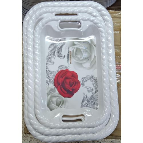 3 Pieces Serving Trays With Differing Designs-White.