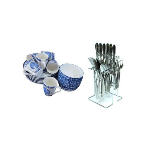 43 Pieces Dinnerware Set Of Ceramic Cups Bowls Dinner Plates Forks Spoons Knives Teaspoons And Cutlery Holder-Silver