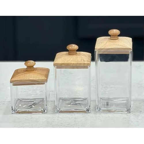 3 Pieces Set Of Acrylic Storage Jars with Airtight Bamboo Lids - Clear