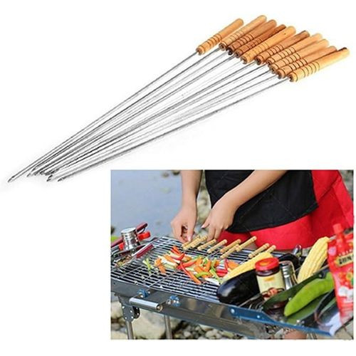 10 Pieces Outdoor Picnic BBQ Barbecue Skewers Roast Stick Stainless Steel Needle with Wooden Handle Color And Design For Handles Varies-Silver