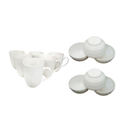 Quality Ceramic 12 Pieces Set Of Soup Plates And Tea Cups-White