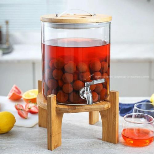 5 Liters Thickened Glass Juice Dispenser With Sturdy Wooden Stand-Transparent