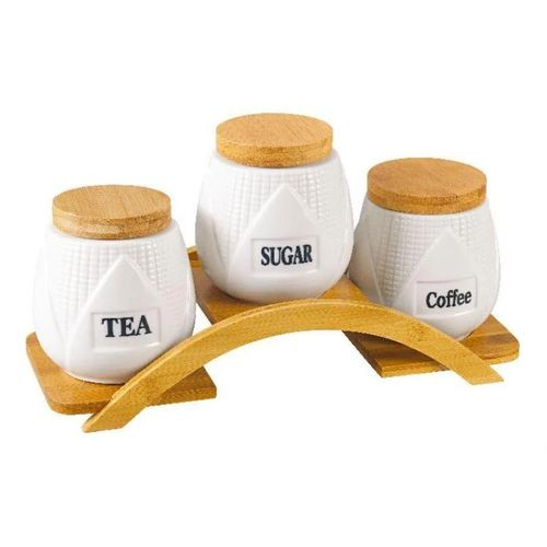 3 Pieces Spices Sugar Coffee Tea Ceramic Canisters On A Wooden Rack-White