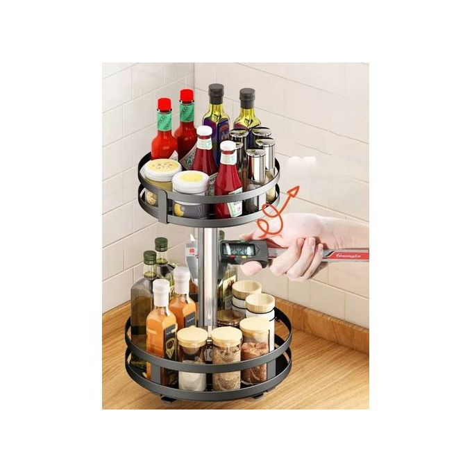 2 Tier 360° Rotatating Kitchen Trolley Shelf Spice Storage Rack Organizer Stand- Black