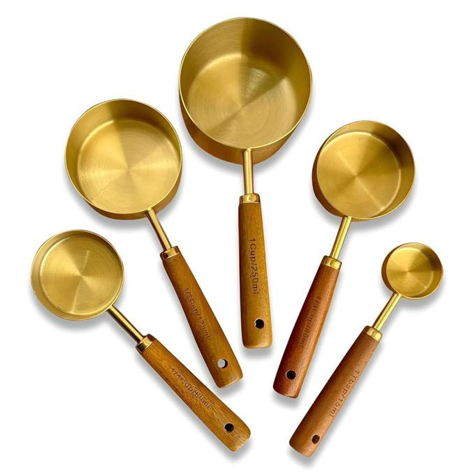 Gold-Plated Metal Measuring Spoon with Wood Handle Liquid and Dry Measuring Spoon Gold Polished Measuring Cups with Wood Handle and Hanging Hole 5-Pack -Gold