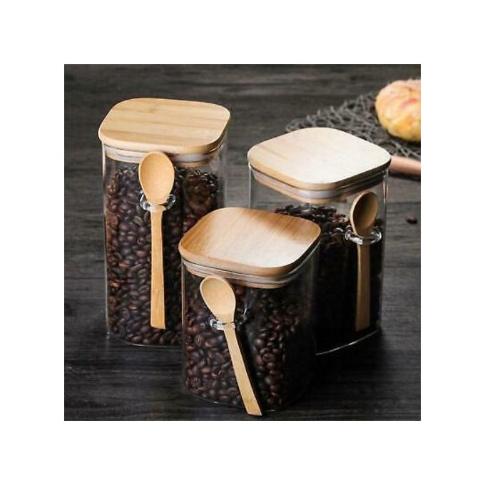 3PC Square Airtight Storage Pantry Food Glass Jars Bamboo Clamp Lids- Clear.