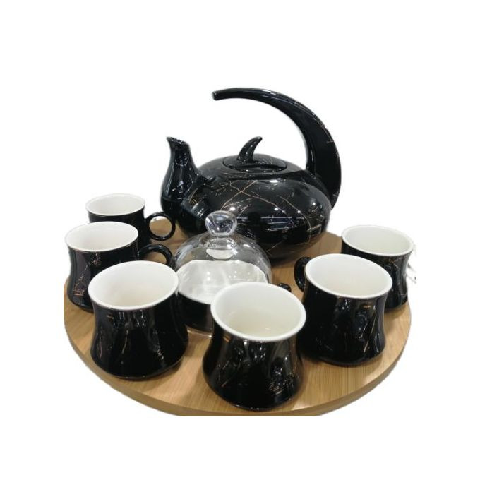 8Piece Cuppucino Tea Coffee Mugs Cups, Teapot And Bamboo Tray Set- Black.