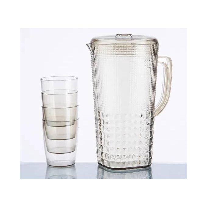 5 Piece Plastic Pitcher Set With Lid With Transparent Water Jug With Handle And 4 Piece Tumbler Cups Perfect Kitchenware Gift for Dinner Parties, Barbecues, Celebrations and Friendly Get-Togethers - Multicolor