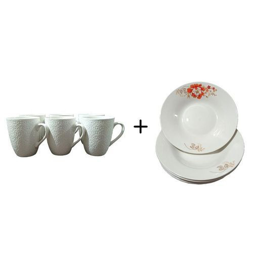 6 Pieces Ceramic Cups And 6 Plates-Flower Varies/White