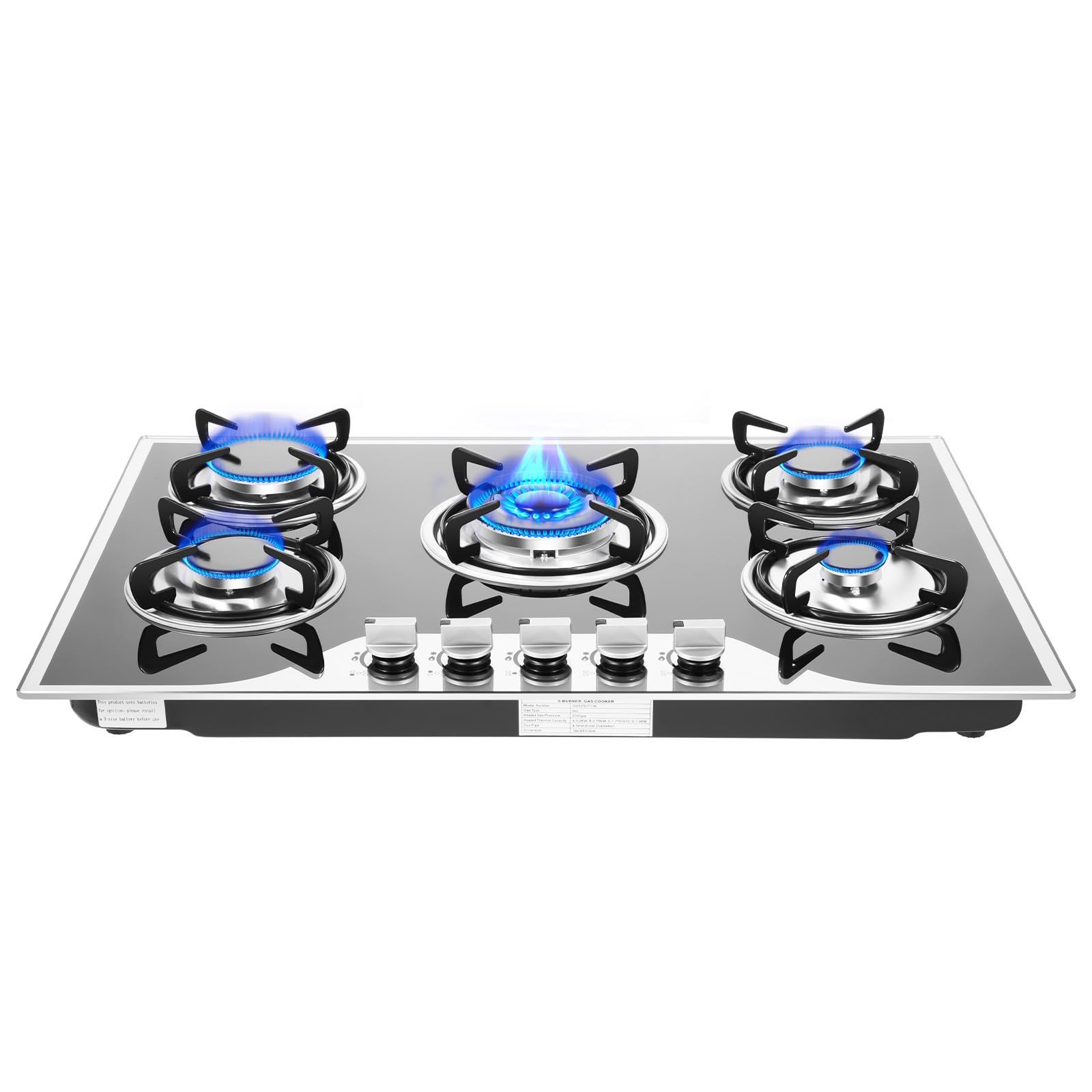30 inch Stainless Steel Panel Crystal Glass Built-In Table Top Gas Cooktops 5 Sealed Brass Burner Gas Hob Stove Cooker- Black Electro Master