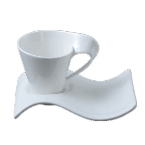 Elegant Ceramic 6 Pieces Cups And 6 Wavy Saucers-White