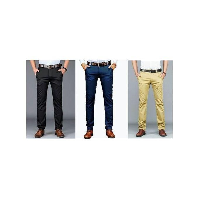 3 Pack of Men's Khaki Stretcher Trousers Black, Navy Blue, Brown