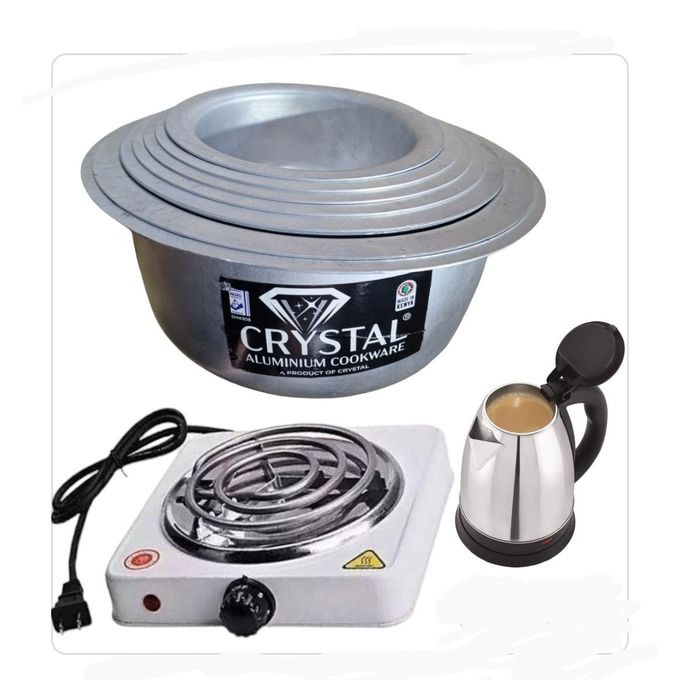 Electric Single Coil Hot Plate Plus 8Pcs Set Of Alluminium Saucepans - Silver