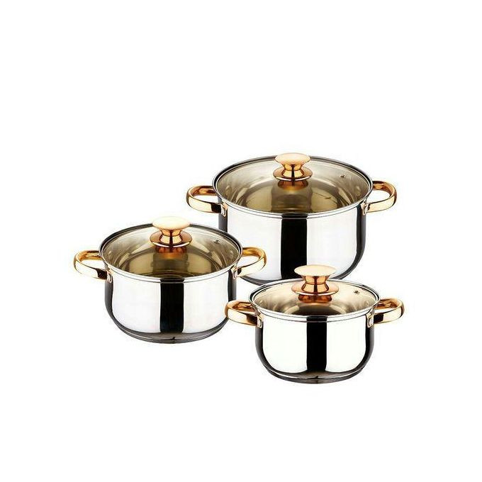 6 Pc Gold handles Stainless Steel Saucepans Cookware Pots- Silver