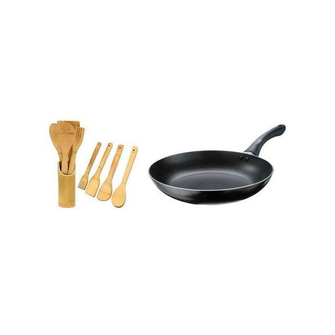 Non Stick Frying Pan And Pack Of Wooden Spoons - Black,Brown